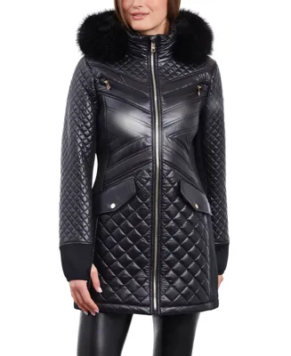 Michael Kors Women's Faux-Fur-Trim Hooded Quilted Coat