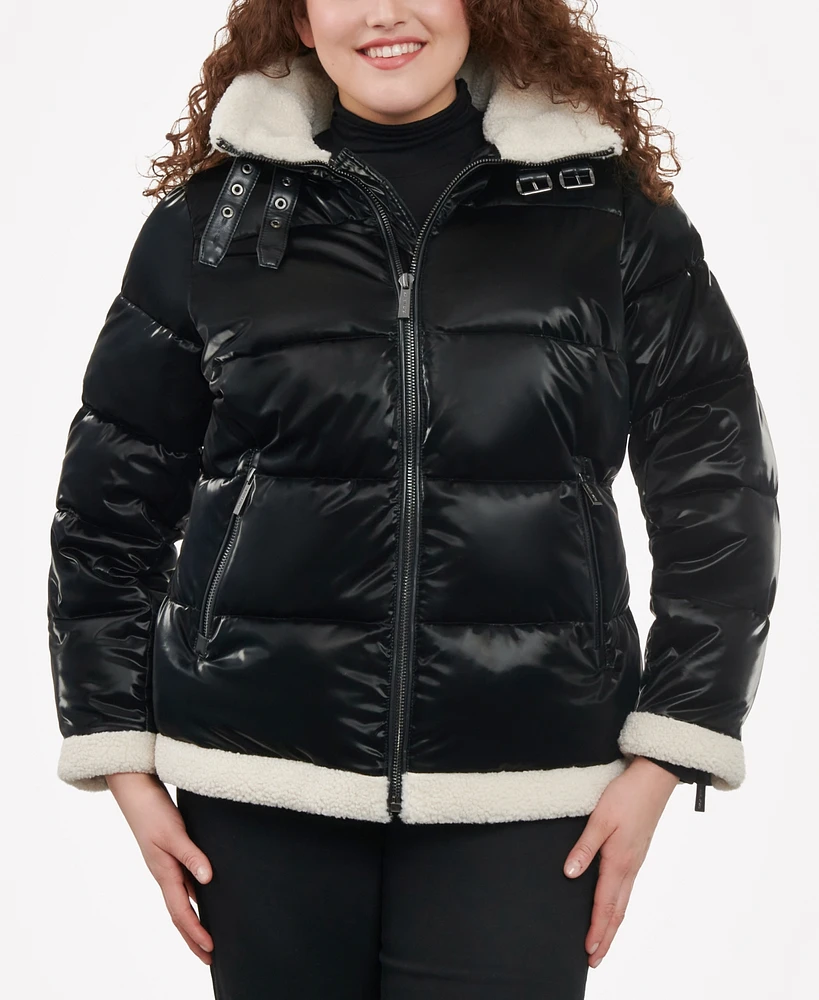 Michael Michael Kors Women's Plus Size Faux-Shearling Shine Puffer Coat, Created for Macy's