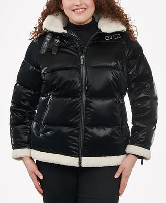 Michael Michael Kors Women's Plus Size Faux-Shearling Shine Puffer Coat, Created for Macy's