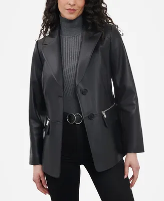 Anne Klein Women's Zip-Pocket Leather Blazer Coat