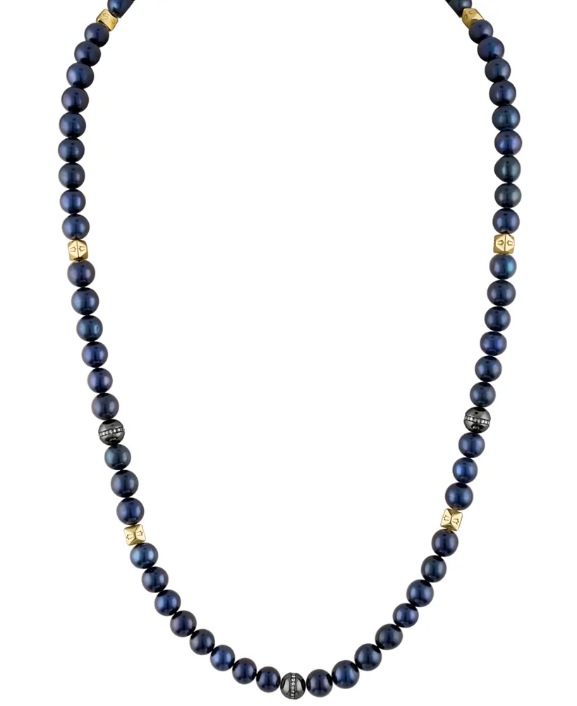 Bulova Men's Marine Star Blue Freshwater Pearl (8mm) & Diamond (1/4 ct. t.w.) Beaded 22" Necklace in 14k Gold-Plated Sterling Silver