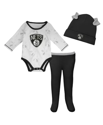 Newborn and Infant Boys Girls White, Black Brooklyn Nets Three-Piece Dream Team Long Sleeve Bodysuit, Cuffed Knit Hat Footed Pants Set