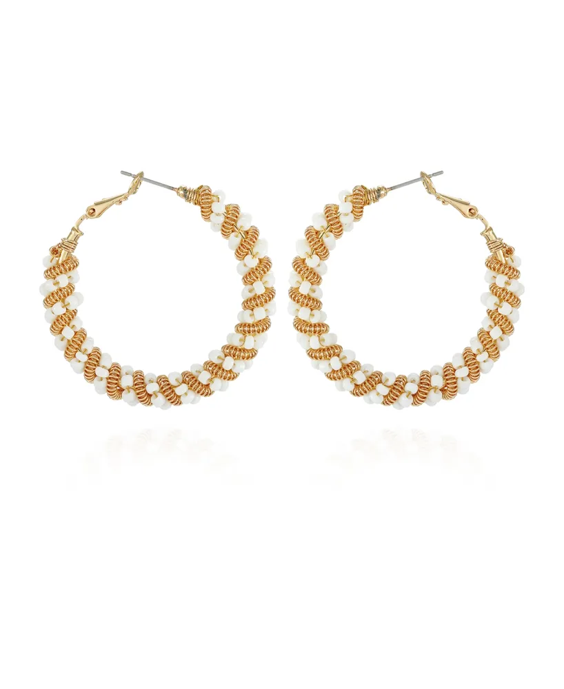T Tahari Gold-Tone Twisted Spiral and White Beaded Hoop Earrings