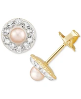 Children's Pink Cultured Freshwater Pearl (2-3/4mm) & Crystal Halo Stud Earrings in 14k Gold