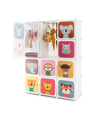 12-Cube Kids Wardrobe Baby Dresser Bedroom Armoire Clothes Hanging Closet with Door
