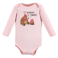 Hudson Baby Baby Girls Cotton Long-Sleeve Bodysuits Camping Animals, 5-Pack