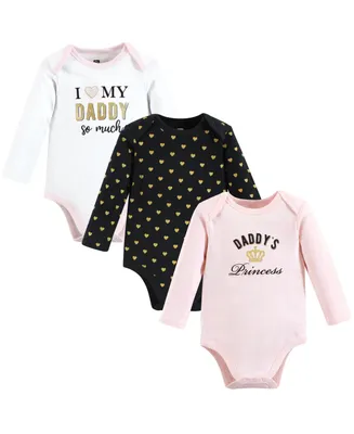 Hudson Baby Girls Cotton Long-Sleeve Bodysuits, Daddys Princess, 3-Pack