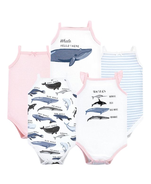 Hudson Baby Girls Cotton Sleeveless Bodysuits Whale Types, 5-Pack