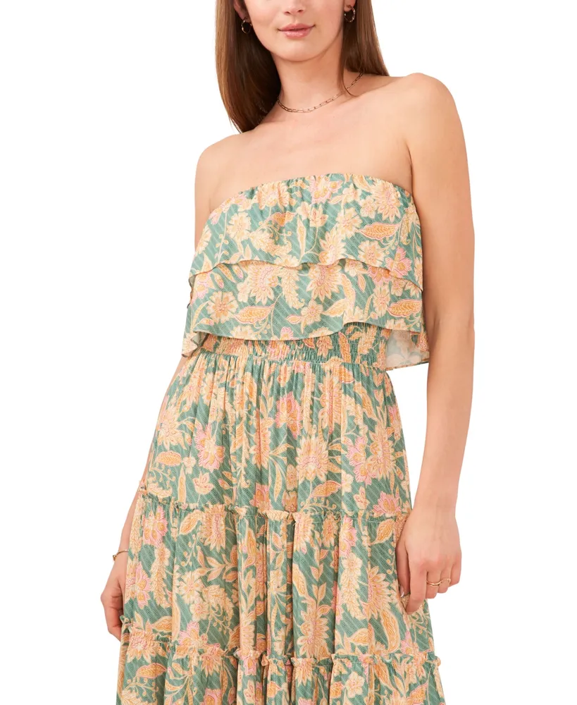 1.state Women's Floral-Print Strapless Ruffle-Tiered Midi Dress