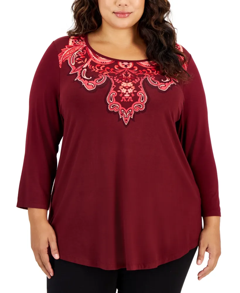 Jm Collection Plus Printed Medallion 3/4-Sleeve Top, Created for