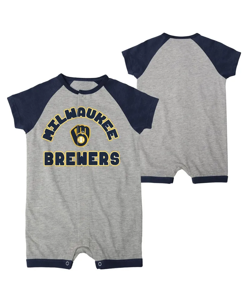 Newborn and Infant Boys Girls Heather Gray Milwaukee Brewers Extra Base Hit Raglan Full-Snap Romper