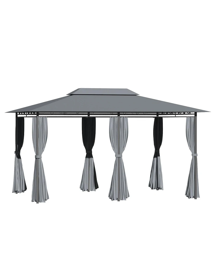 Outsunny 10' x 13' Outdoor Soft Top Gazebo Pergola with Curtains, 2-Tier Steel Frame Gazebo for Patio, Sage Grey