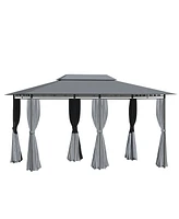 Outsunny 10' x 13' Outdoor Soft Top Gazebo Pergola with Curtains, 2-Tier Steel Frame Gazebo for Patio, Sage Grey