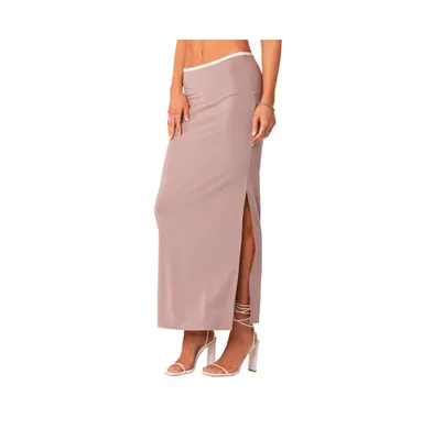 Women's Maxi Skirt With Slit & Contrast Binding At The Waist