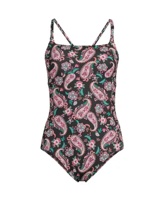 Lands' End Plus Chlorine Resistant Smocked Square Neck One Piece Swimsuit with Adjustable Straps