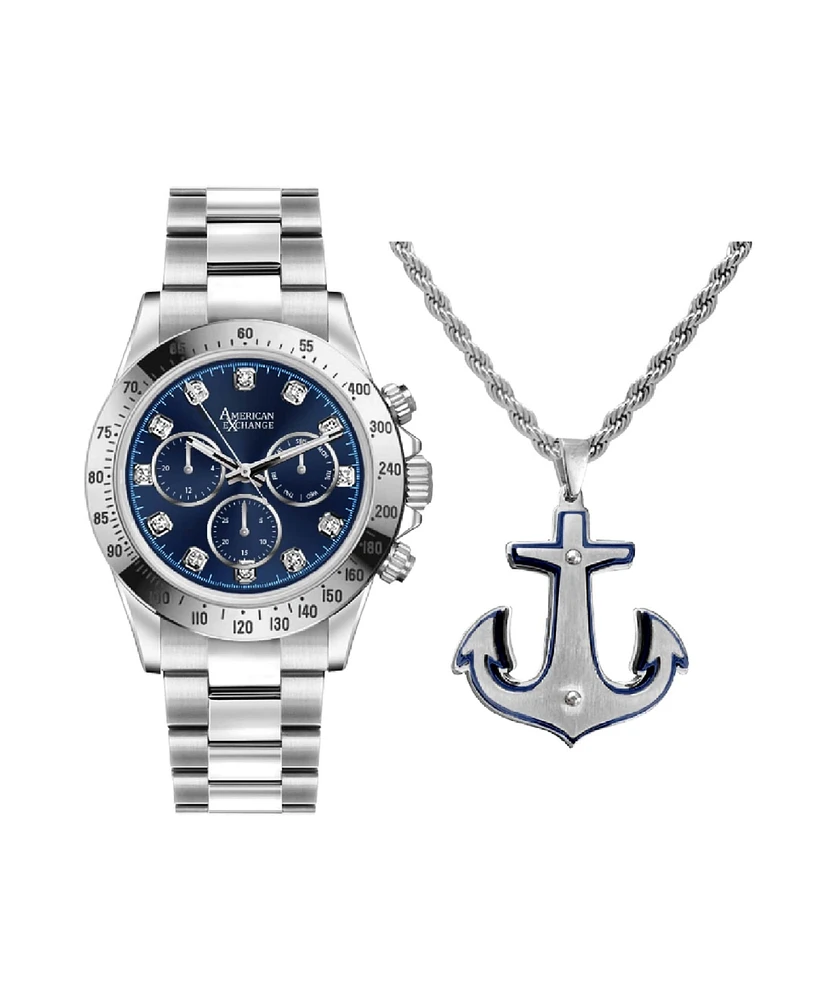 American Exchange Men's Analog, Three-Hand Quartz Silver-Tone Metal Bracelet Watch 46mm Gift Set