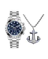 American Exchange Men's Analog, Three-Hand Quartz Silver-Tone Metal Bracelet Watch 46mm Gift Set