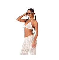 Women's Crochet Halter Triangle Bra Top With Ties To The Neck And Under Bust