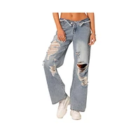 Women's Foldover Waist Jeans With Row Hem And Distressed Details