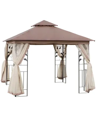 Outsunny 10' x 10' Outdoor Patio Gazebo Canopy with 2-Tier Polyester Roof, Netting, Curtain Sidewalls, and Steel Frame, Brown