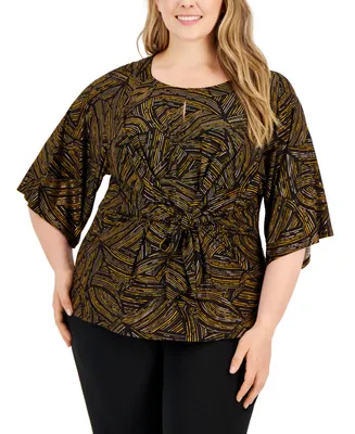 Kasper Plus Size Abstract-Print Tie-Front Top