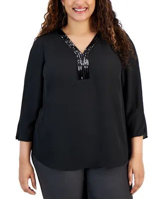 Jm Collection Plus Size Sequined-Neck 3/4-Sleeve Top, Created for Macy's