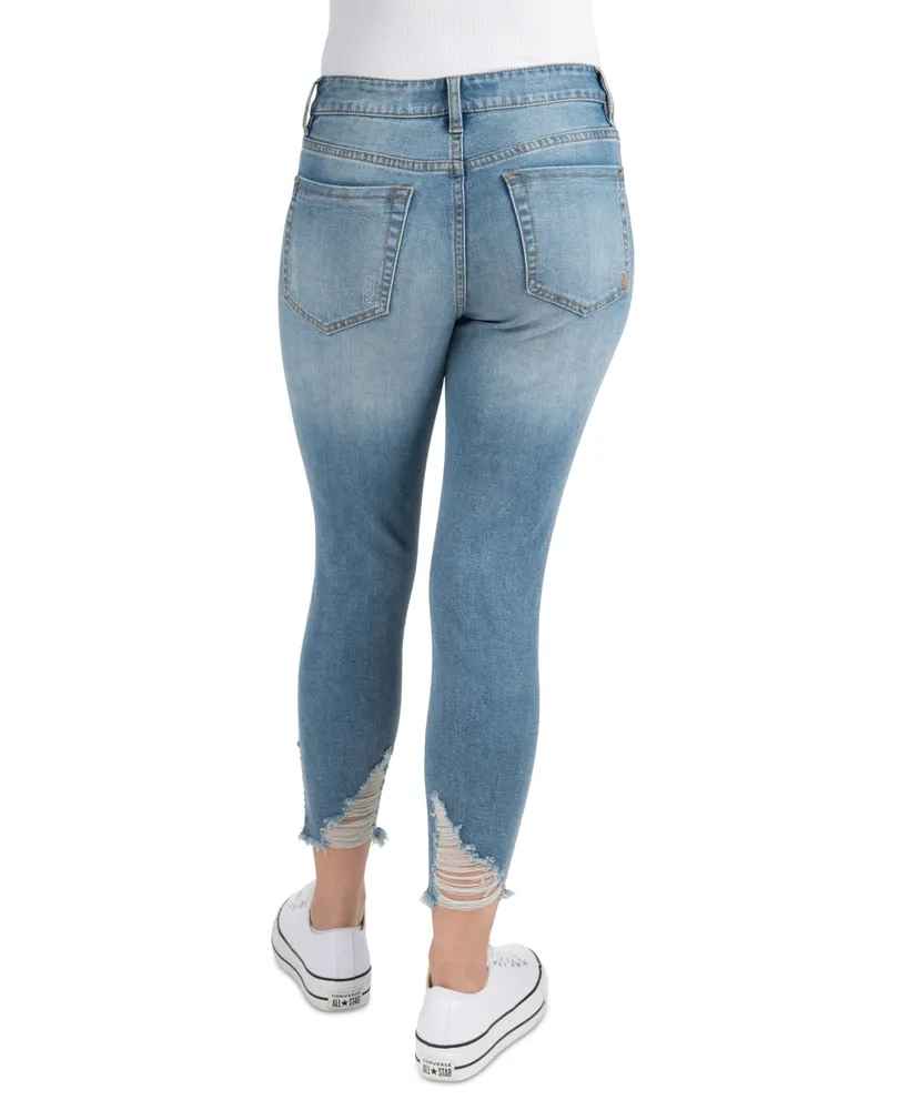 Indigo Rein Juniors' Mid-Rise Distressed Curvy Crop Jeans