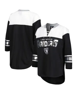 Women's G-iii 4Her by Carl Banks Black, White Las Vegas Raiders Double Team 3/4-Sleeve Lace-Up T-shirt