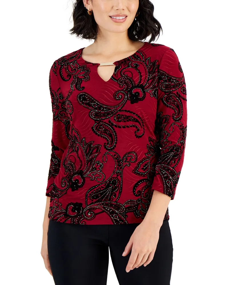 Jm Collection Petite Paisley Glitter Jacquard Keyhole Top, Created for  Macy's