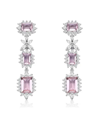 Genevive Sterling Silver with White Gold Plated Pink with Clear Cubic Zirconia Halo Three-Tier Earrings