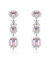 Genevive Sterling Silver with White Gold Plated Pink with Clear Cubic Zirconia Halo Three-Tier Earrings