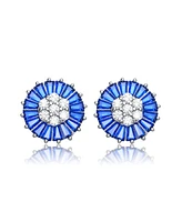 Genevive Sterling Silver with White Gold Plated Round and Baguette Cubic Zirconia Stud Earrings