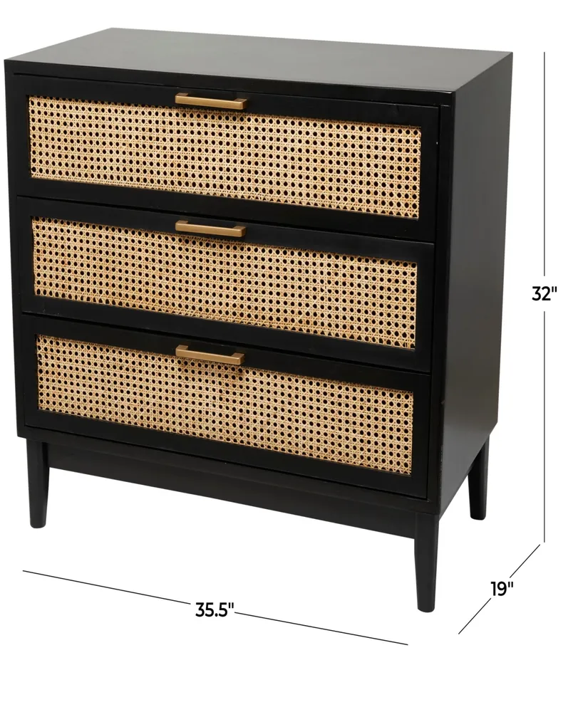 Rosemary Lane 32" Wood 3 Drawer Cabinet with Cane Front Drawers and Gold-Tone Handles