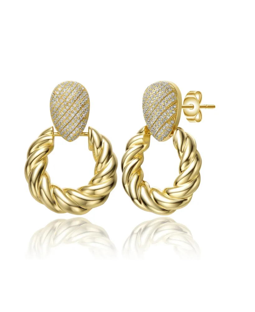 Rachel Glauber 14k Yellow Gold Plated with Cubic Zirconia Pave Twisted Rope Drop Hoop Door Knocker Earrings