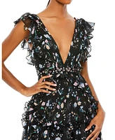 Mac Duggal Women's Ieena Ruffled Floral Print Cap Sleeve Gown