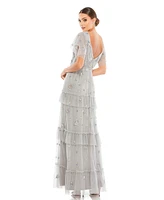 Women's Ruffle Tiered Embellished Flutter Sleeve Gown