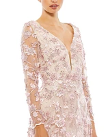 Mac Duggal Women's Floral Applique Long Sleeve Illusion Gown