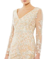 Mac Duggal Women's Embroidered V Neck Long Sleeve Trumpet Gown