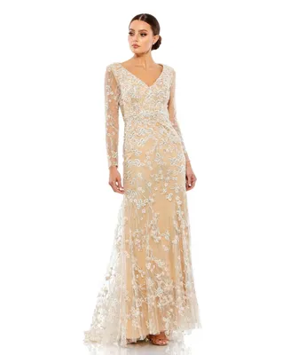 Women's Embroidered V Neck Long Sleeve Trumpet Gown