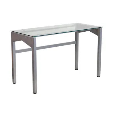 Emma+Oliver Contemporary Clear Tempered Glass Desk With Geometric Sides And Silver Frame