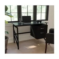 Emma+Oliver Two Drawer Pedestal Desk With Tempered Glass Top And Metal Frame