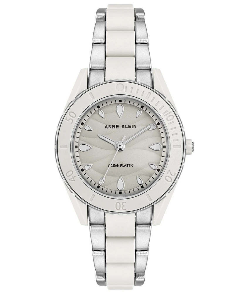 Anne Klein Women's Solar Silver-Tone and White Oceanworks Plastic Watch, 32mm