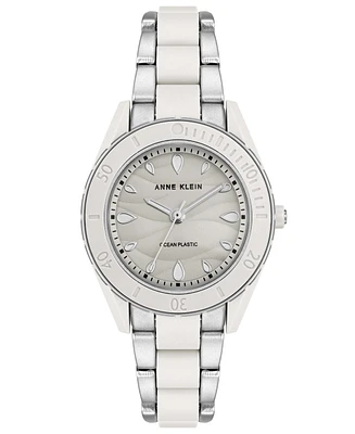 Anne Klein Women's Solar Silver-Tone and White Oceanworks Plastic Watch, 32mm