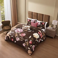 Bebejan Floral Garden on Mocha Bedding 200 Thread Count 100% Cotton Sateen 5 Piece Reversible Queen Comforter Set