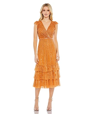 Mac Duggal Women's Sequined Wrap Over Cap Sleeve Ruffle Hem Dress