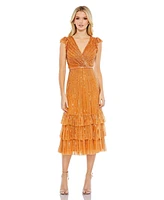 Mac Duggal Women's Sequined Wrap Over Cap Sleeve Ruffle Hem Dress
