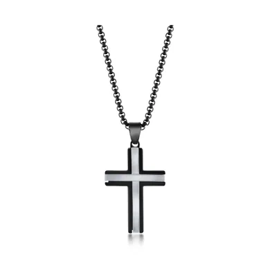 Men's Stainless Steel Black & Silver Polished Cross Necklace