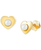 Children's Cultured Freshwater Button Pearl (2mm) Heart Stud Earrings in 14k Gold