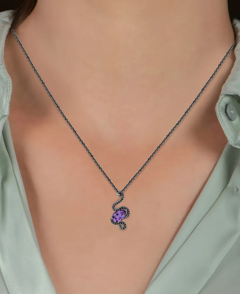 Enchanted Disney Fine Jewelry Amethyst (1-1/10 ct. t.w.) & Black Diamond (1/6 ct. t.w.) Ursula Tentacle Pendant Necklace in Black Rhodium