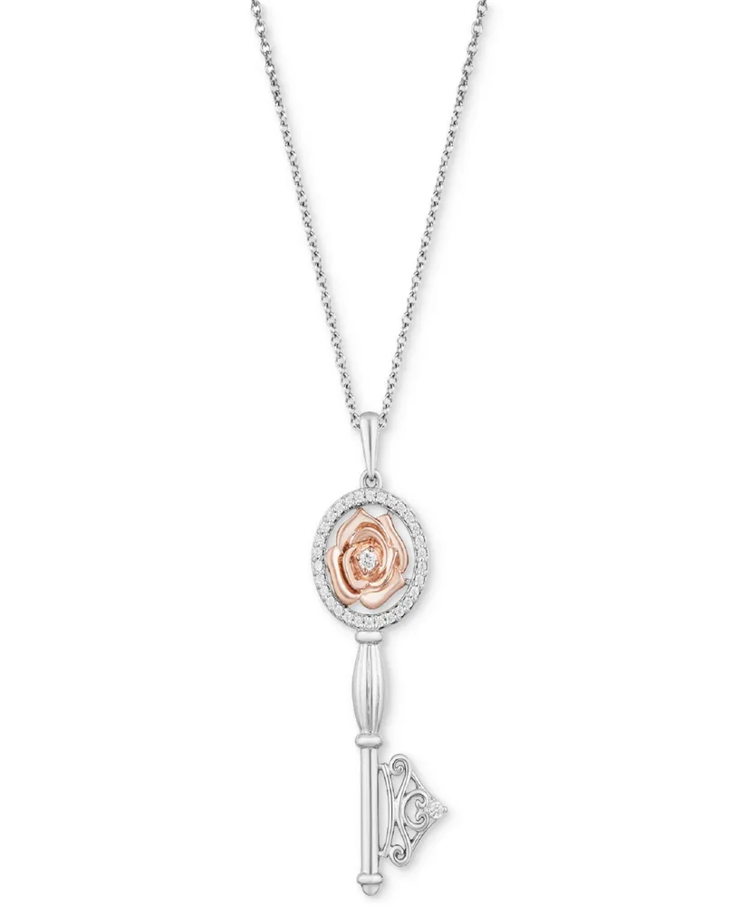 Enchanted Disney Fine Jewelry Diamond Belle Rose Key Pendant Necklace (1/6 ct. t.w.) in Sterling Silver & 14k Rose Gold-Plate - Two